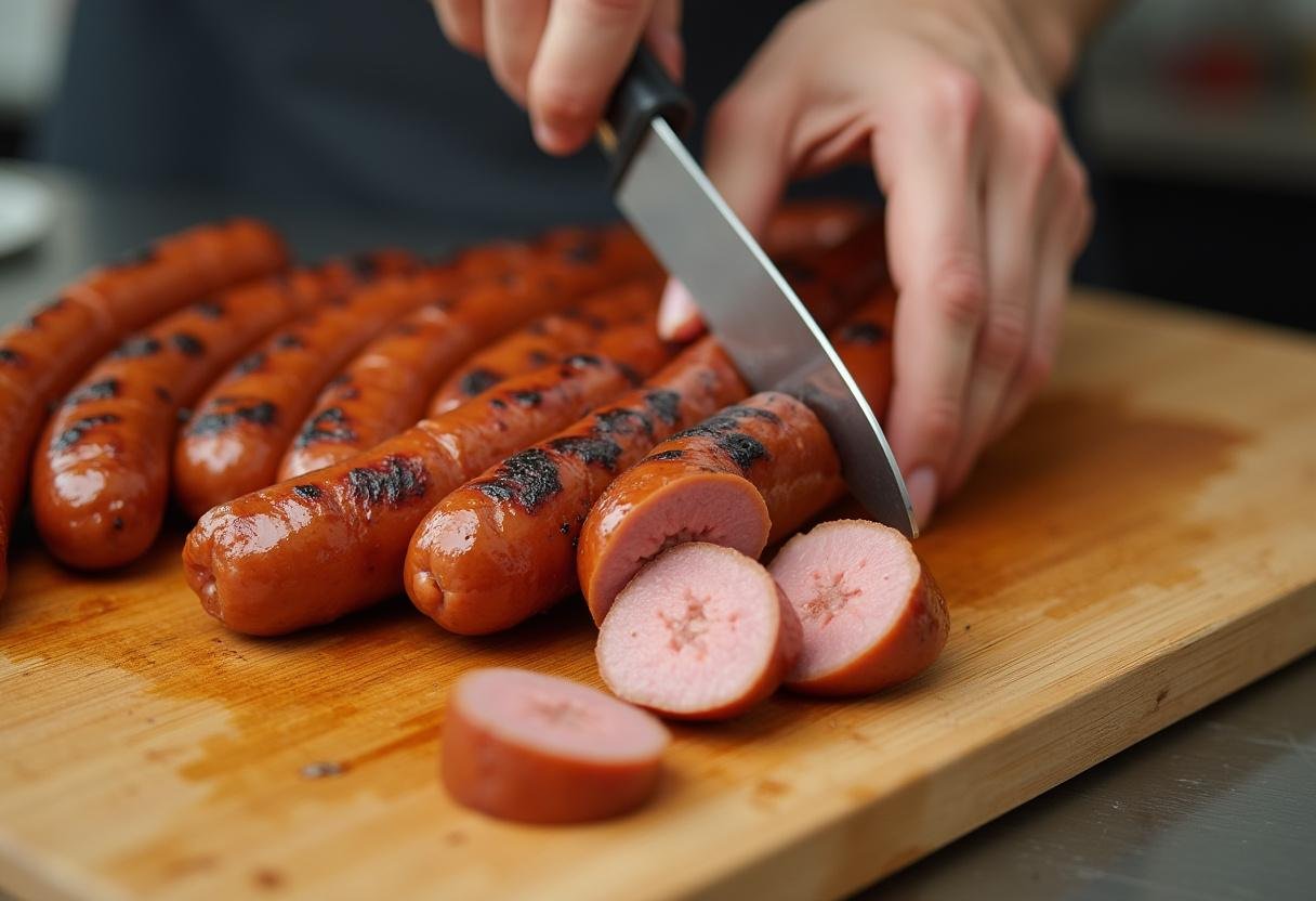 Gegrillte Würste werden in mundgerechte Stücke geschnitten für das Rote Berliner Currywurstfeuer.