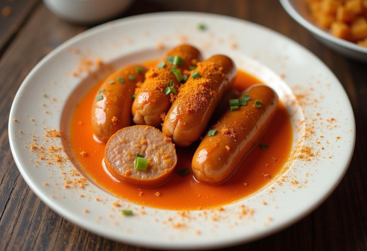 Geschnittene Würste werden mit scharfer Currysoße übergossen und mit Currypulver garniert.