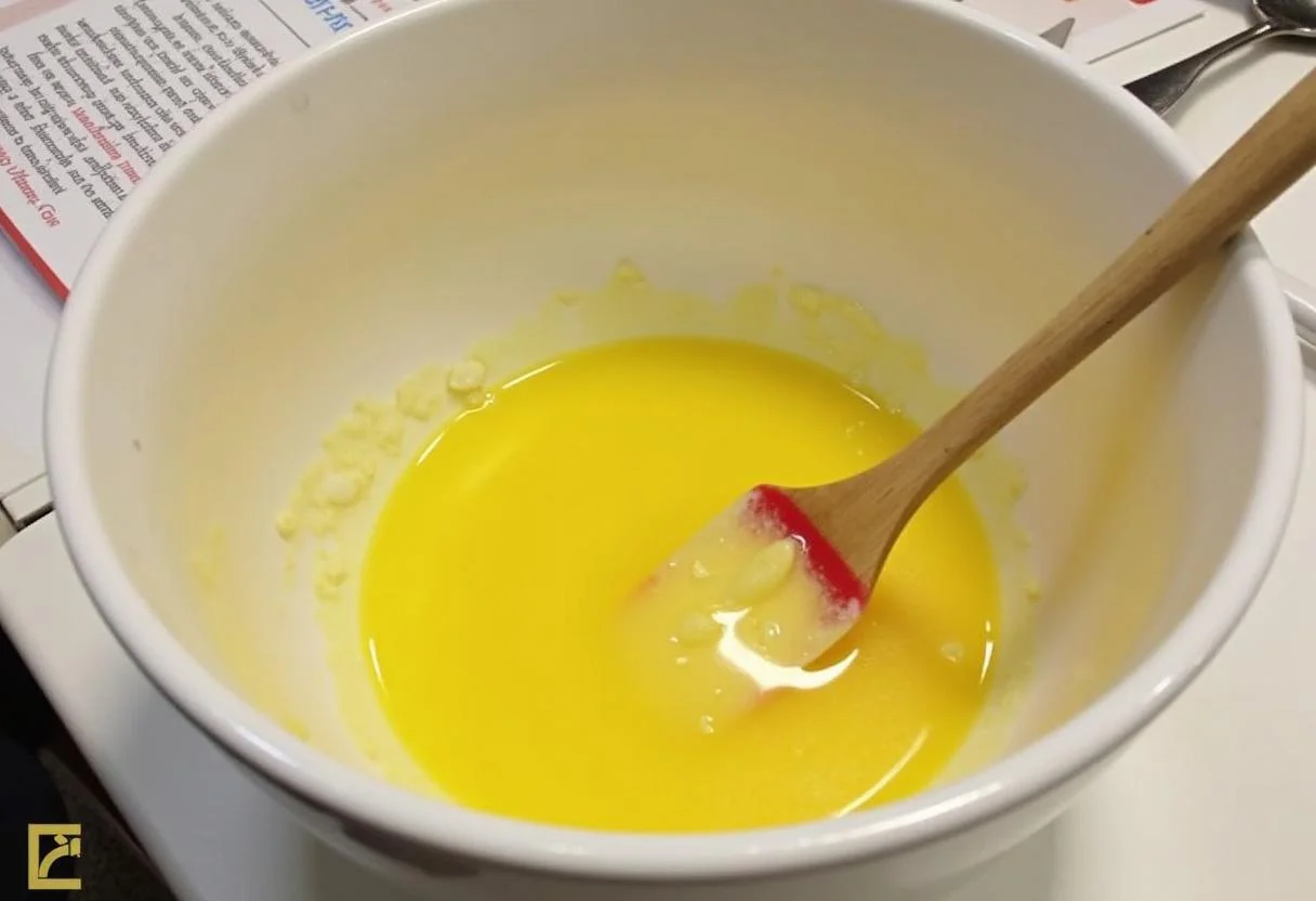 Eier und geschmolzene Butter in einer Schüssel für den Saftigen Friss-Dich-Dumm Kuchen.
