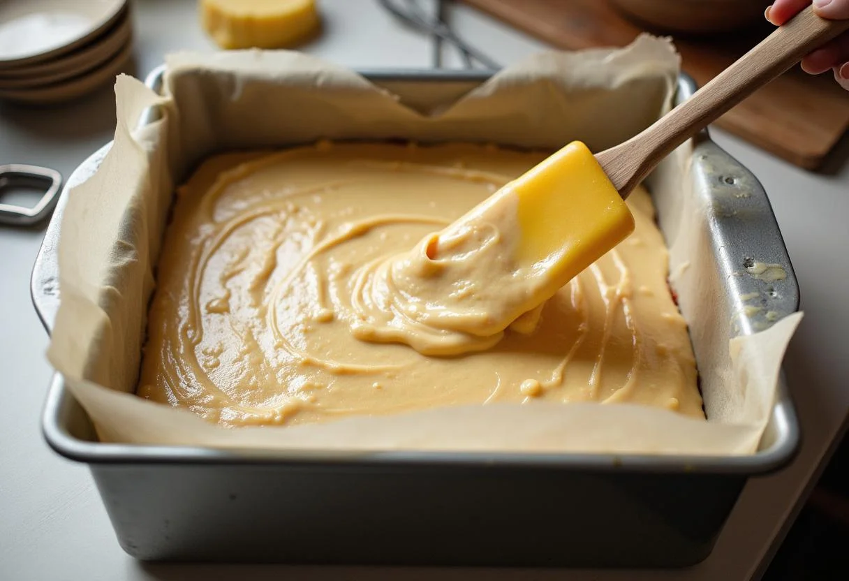 Die Backform wird mit dem Teig für den Saftigen Friss-Dich-Dumm Kuchen gefüllt.