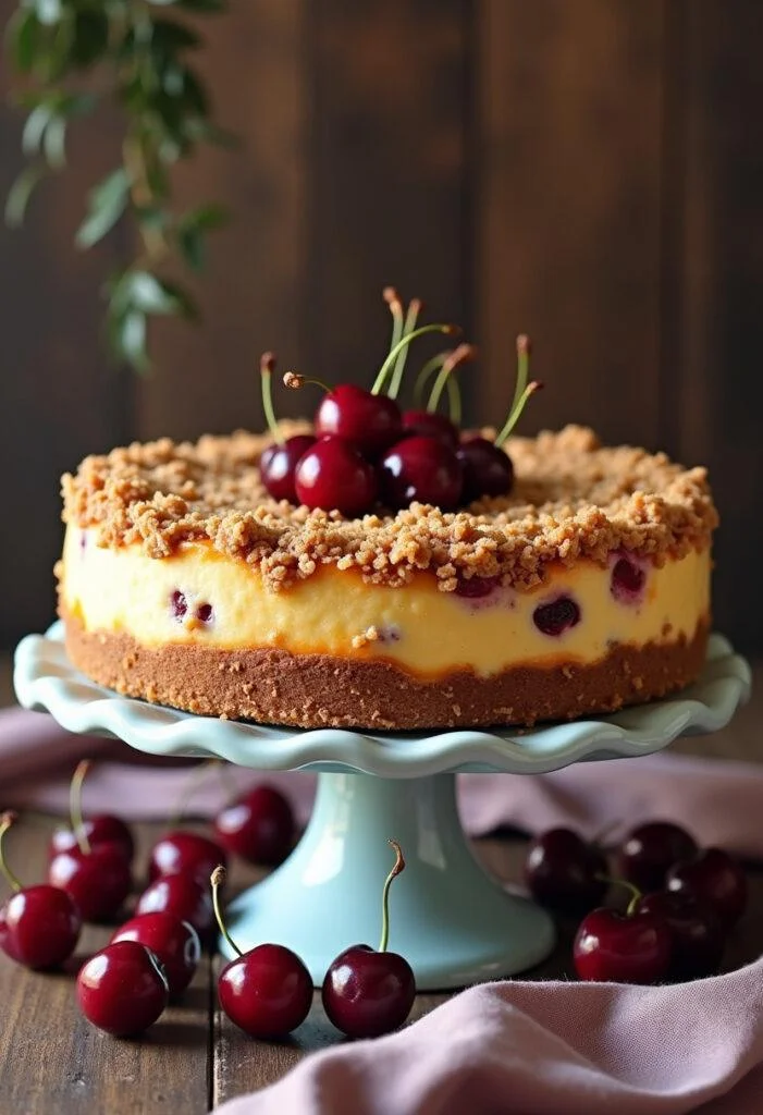 Fertiger Käsekuchen mit Kirschen und Streuseln auf einem eleganten Kuchenständer.