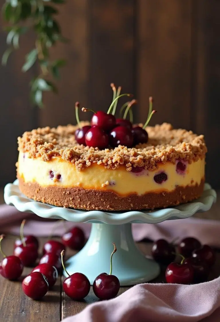 Fertiger Käsekuchen mit Kirschen und Streuseln auf einem eleganten Kuchenständer.