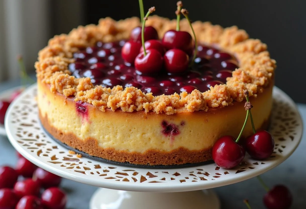 Fertiger Käsekuchen mit Kirschen und Streuseln auf einem eleganten Kuchenständer.