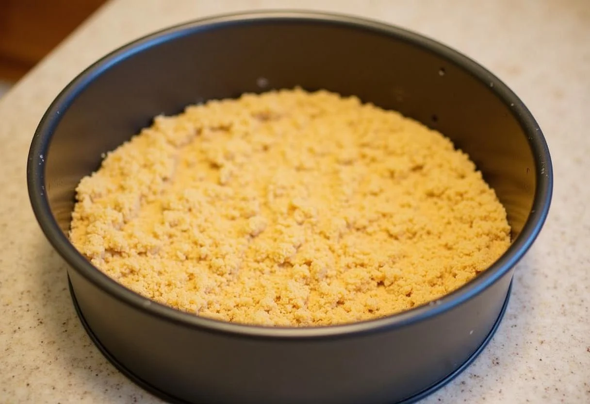 Kekskrümel und geschmolzene Butter werden in eine Springform für den Käsekuchen gepresst.