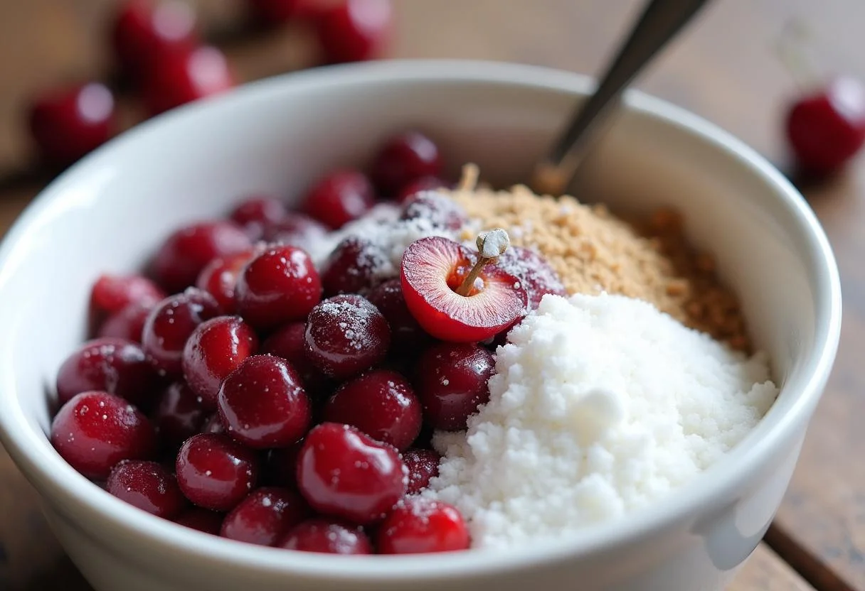 Kirschen, Zucker und Maisstärke werden für das Topping des Käsekuchens vorbereitet.