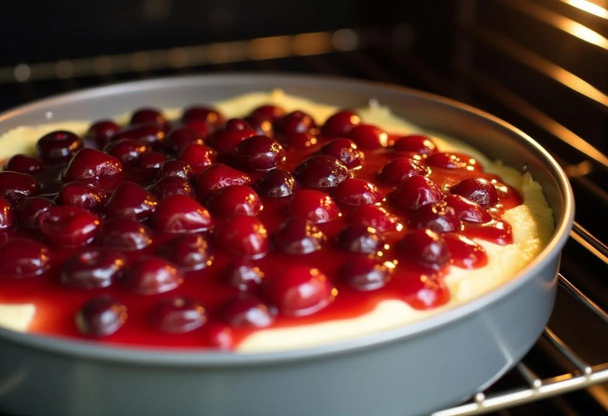 Vorbereitetes Käsekuchen und Kirschfüllung in der Springform, bereit für den Ofen.