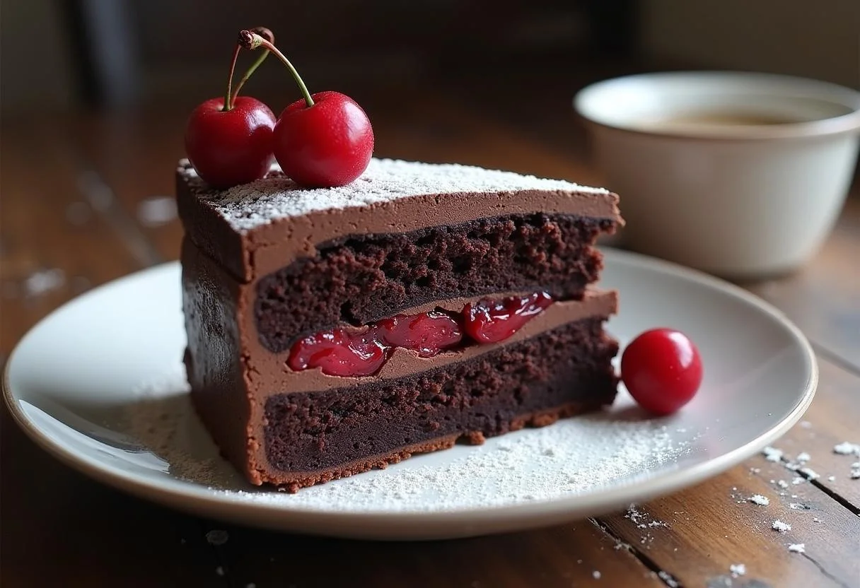 Saftiger Kirschkuchen vom Blech serviert auf einem Teller, ideal für besondere Anlässe.