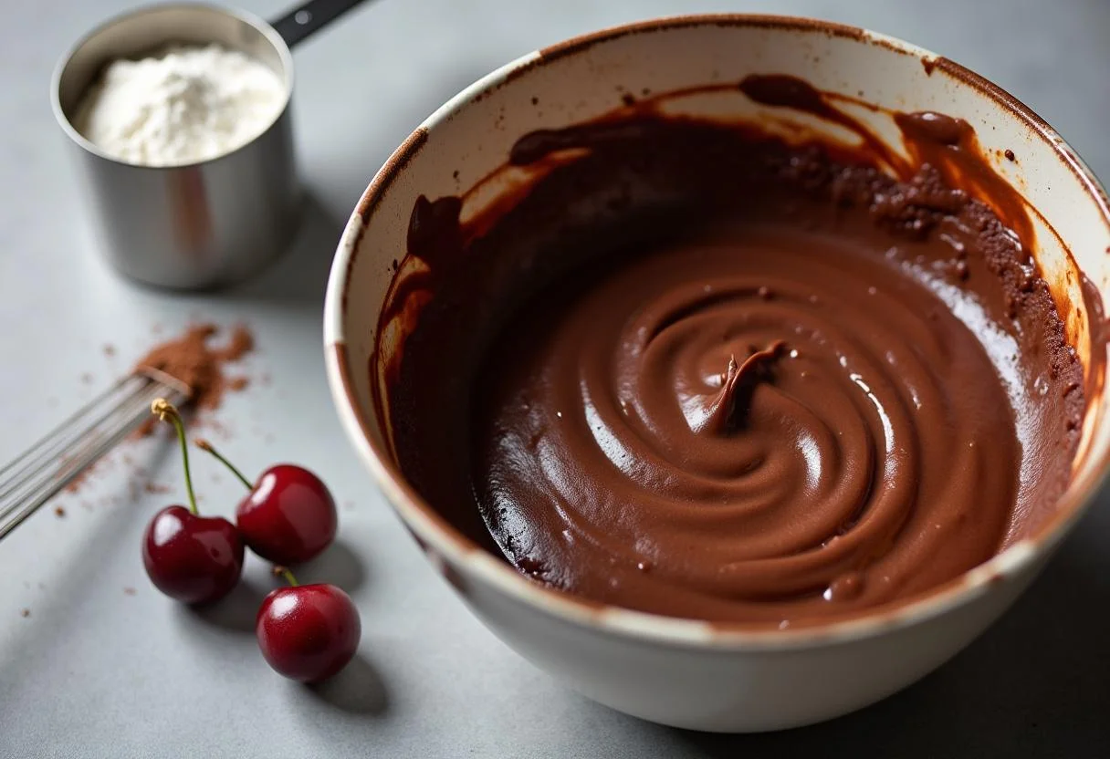 Zutaten für schoko kirsch kuchen im Rührschüssel für Saftiger Kirschkuchen vom Blech.
