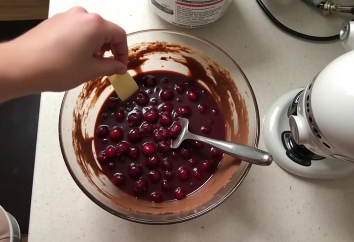 Frische Kirschen werden in den schokomischte für den schmand kirsch kuchen hinzugefügt.