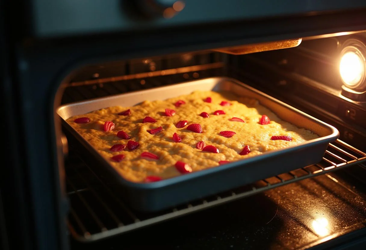 Kirschkuchen vom Blech wird in den Ofen geschoben zum Backen.