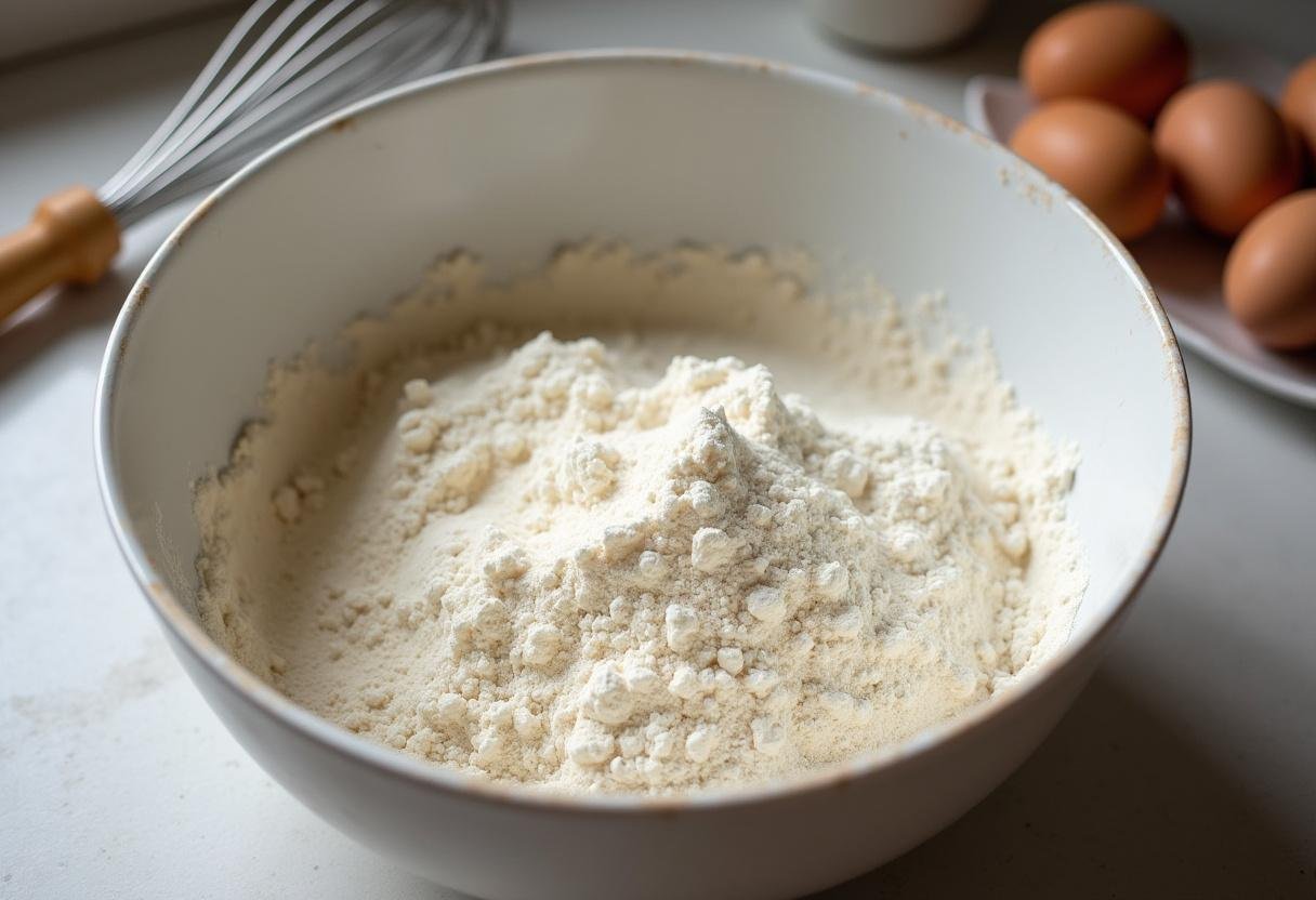 Zutaten für den Käse Mandarinen Kuchen Blech, wie Mehl und Zucker, in einer Schüssel vorbereitet.