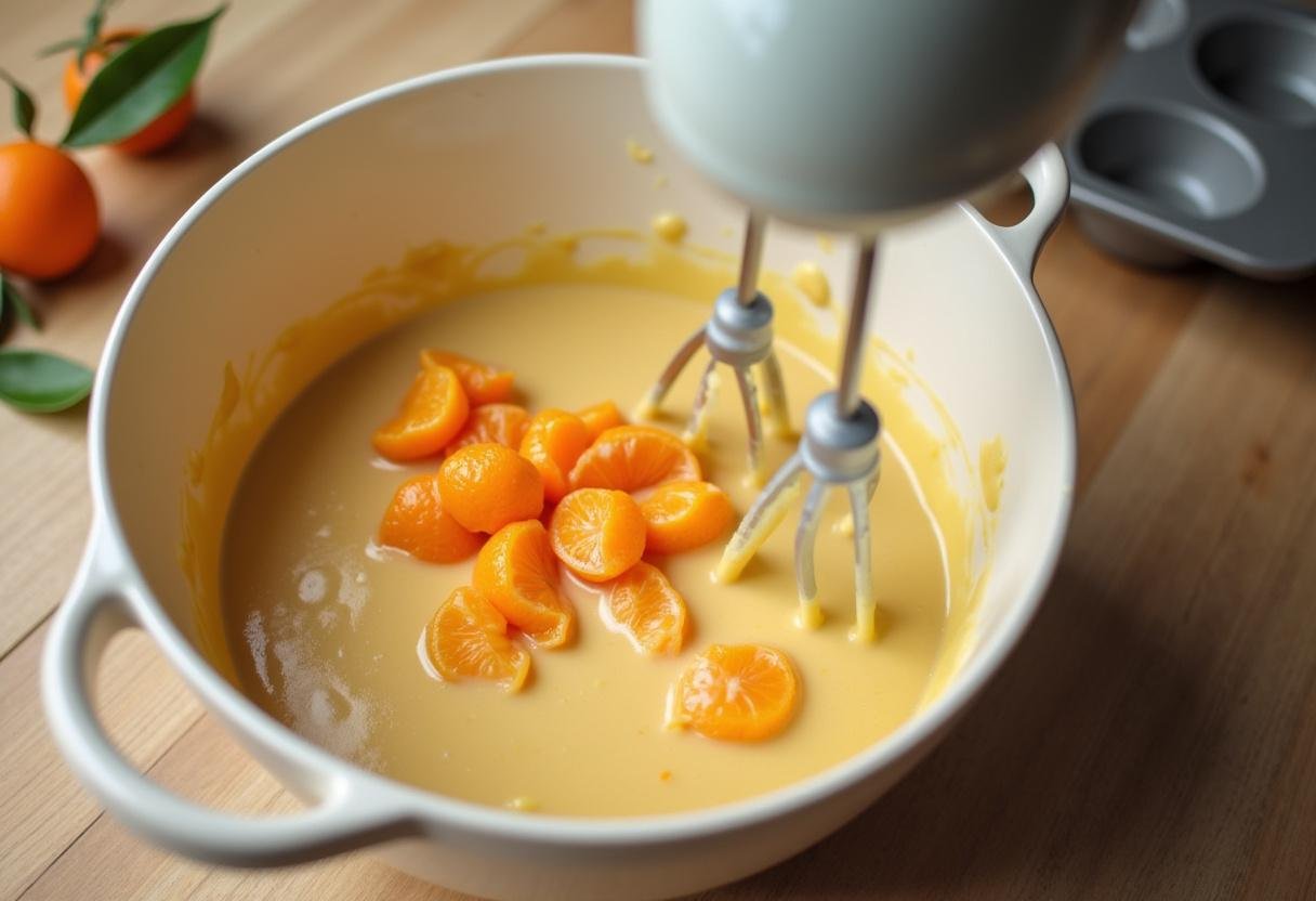 Mandarinen werden in den Rührteig für den Käse Mandarinen Kuchen Blech eingearbeitet.