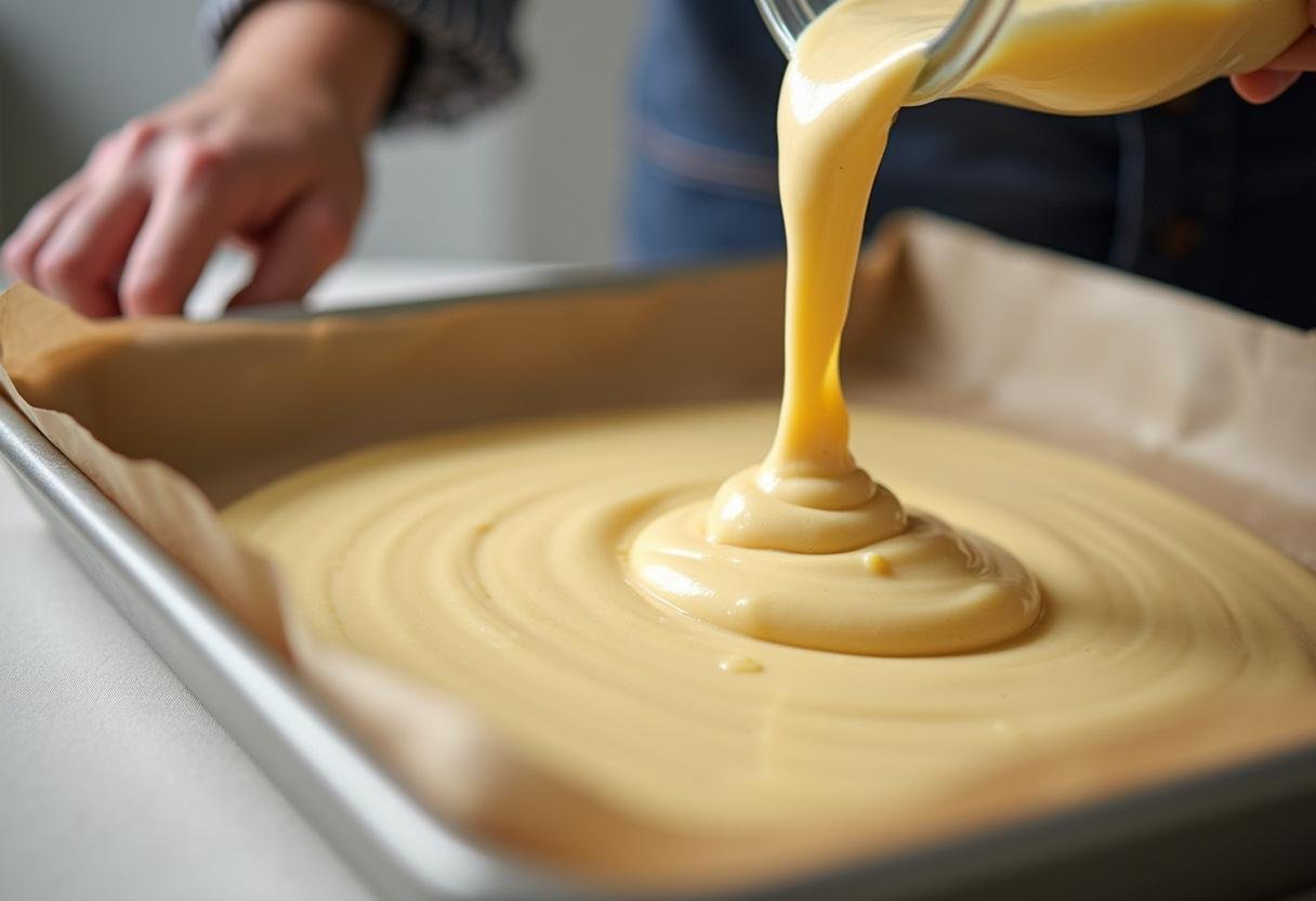 Der Rührteig wird gleichmäßig auf ein Backblech für den Käse Mandarinen Kuchen verteilt.