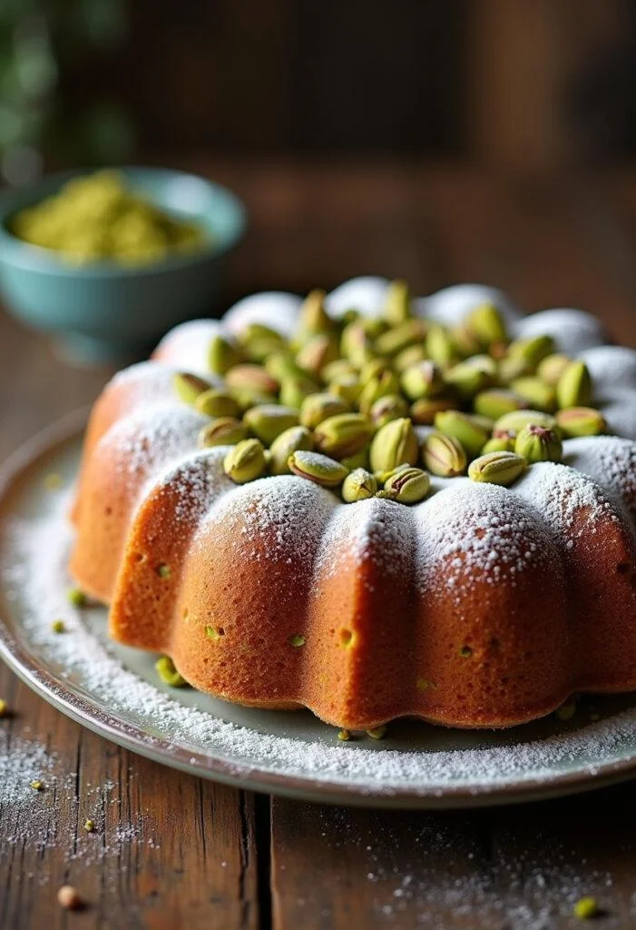 Fertiger Saftiger Pistazienkuchen, dekoriert mit Pistazien und Puderzucker, bereit zum Servieren.