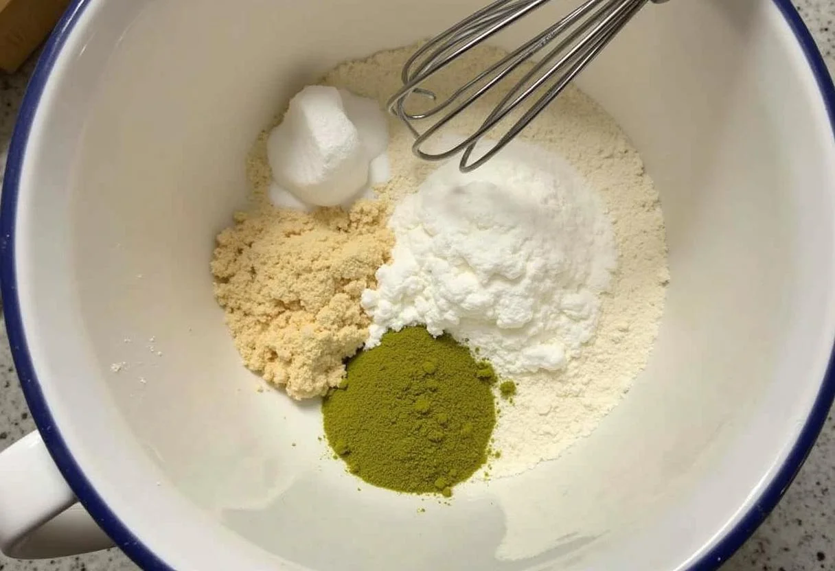 Zutaten für Saftiger Pistazienkuchen in einer Rührschüssel vorbereitet.