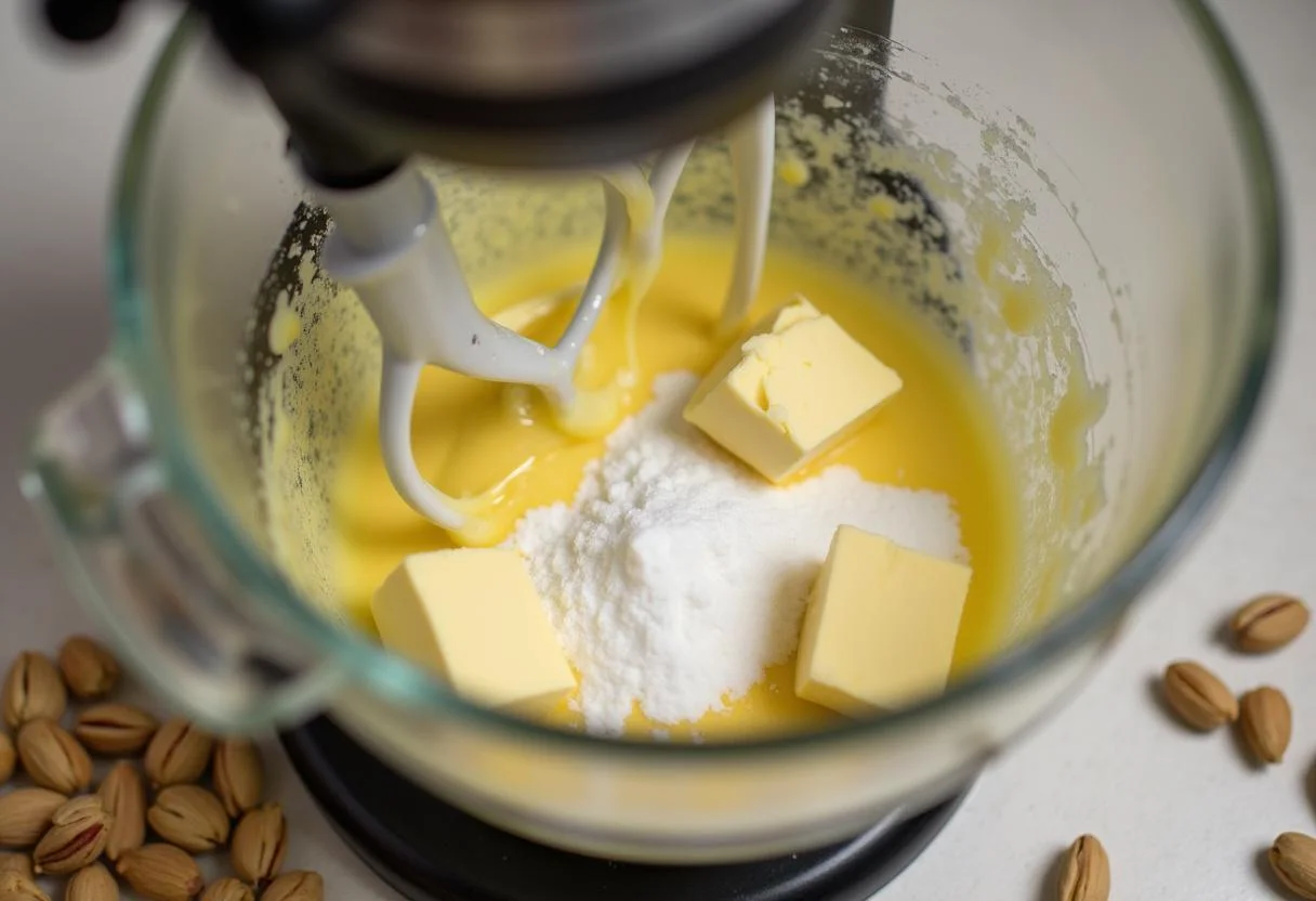 Butter und Zucker in einer Küchenmaschine zusammen cremig geschlagen für Pistazienkuchen.