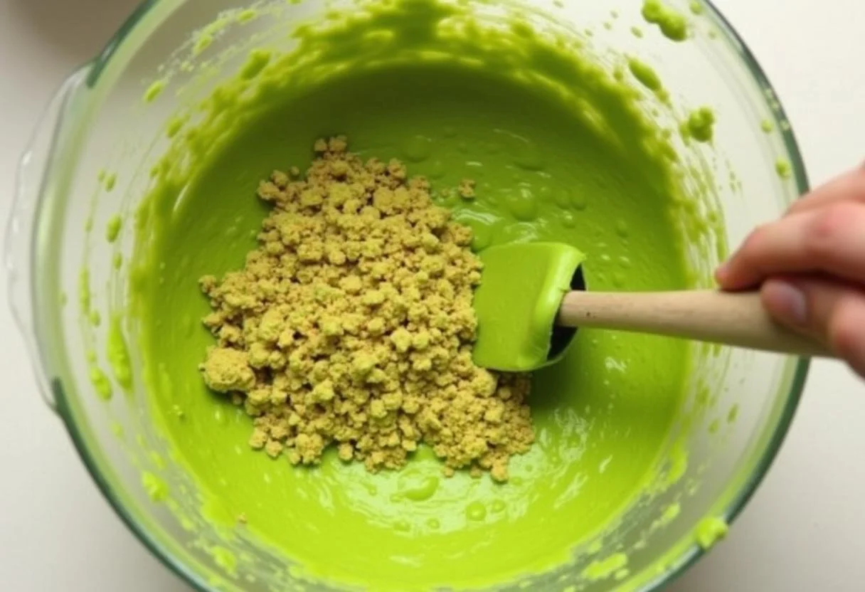 Teig für Saftigen Pistazienkuchen mit zerkleinerten Pistazien in einer Schüssel gemischt.