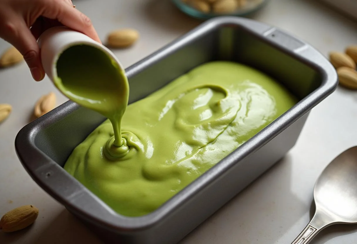 Pistazienkuchenteig wird in eine Kastenform gefüllt, bereit zum Backen.