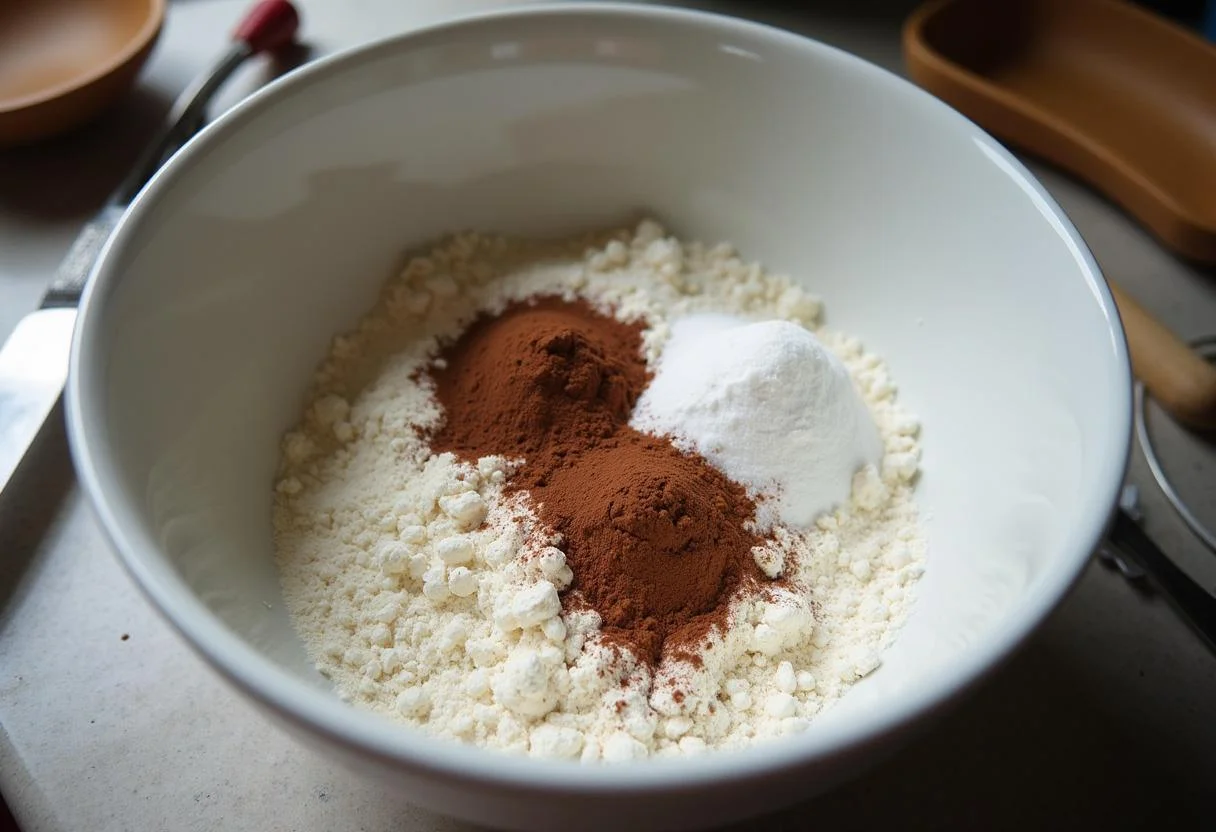 Zutaten für Saftiger Schokokuchen: Mehl, Kakaopulver und Zucker in einer Schüssel.