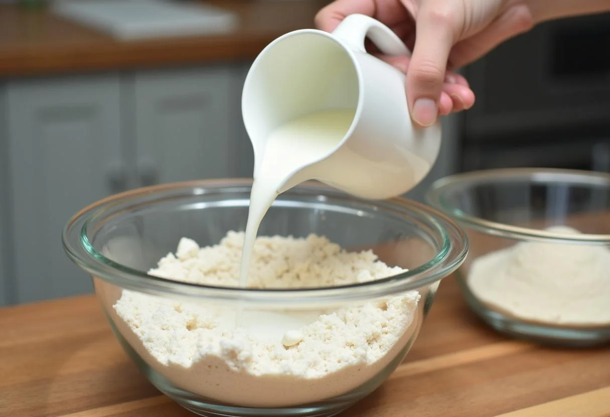 Milch, die in die Schüssel für den saftigen Schokokuchen gegossen wird.