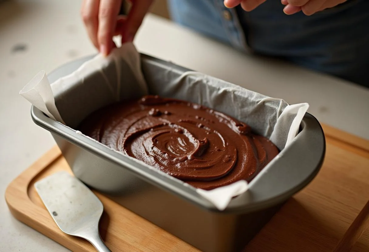 Teig für saftigen Schokokuchen wird in die Kastenform gegossen.