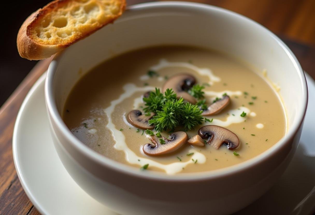 Köstliche Sahnige Champignonrahmsuppe der Träume, garniert mit Petersilie und Sahne, serviert mit Brot.
