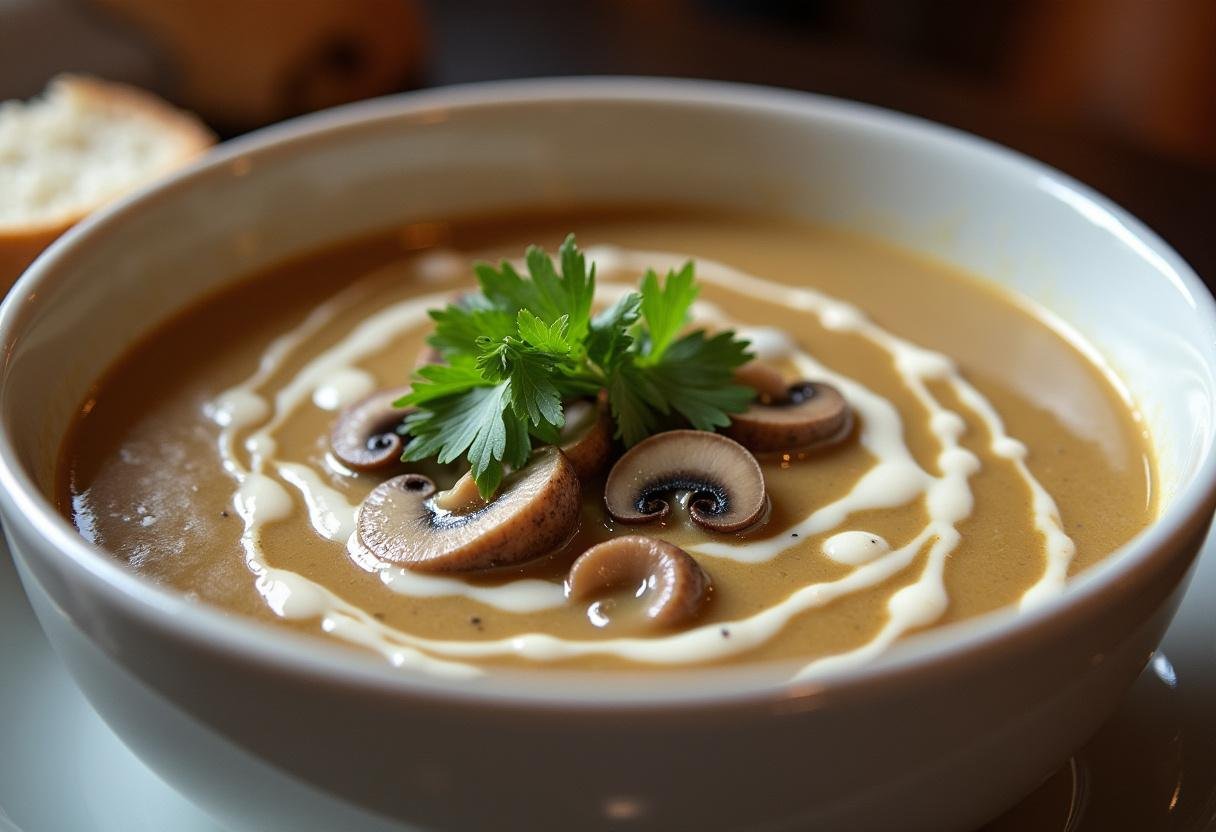 Köstliche Sahnige Champignonrahmsuppe der Träume, garniert mit Petersilie und Sahne, serviert mit Brot.