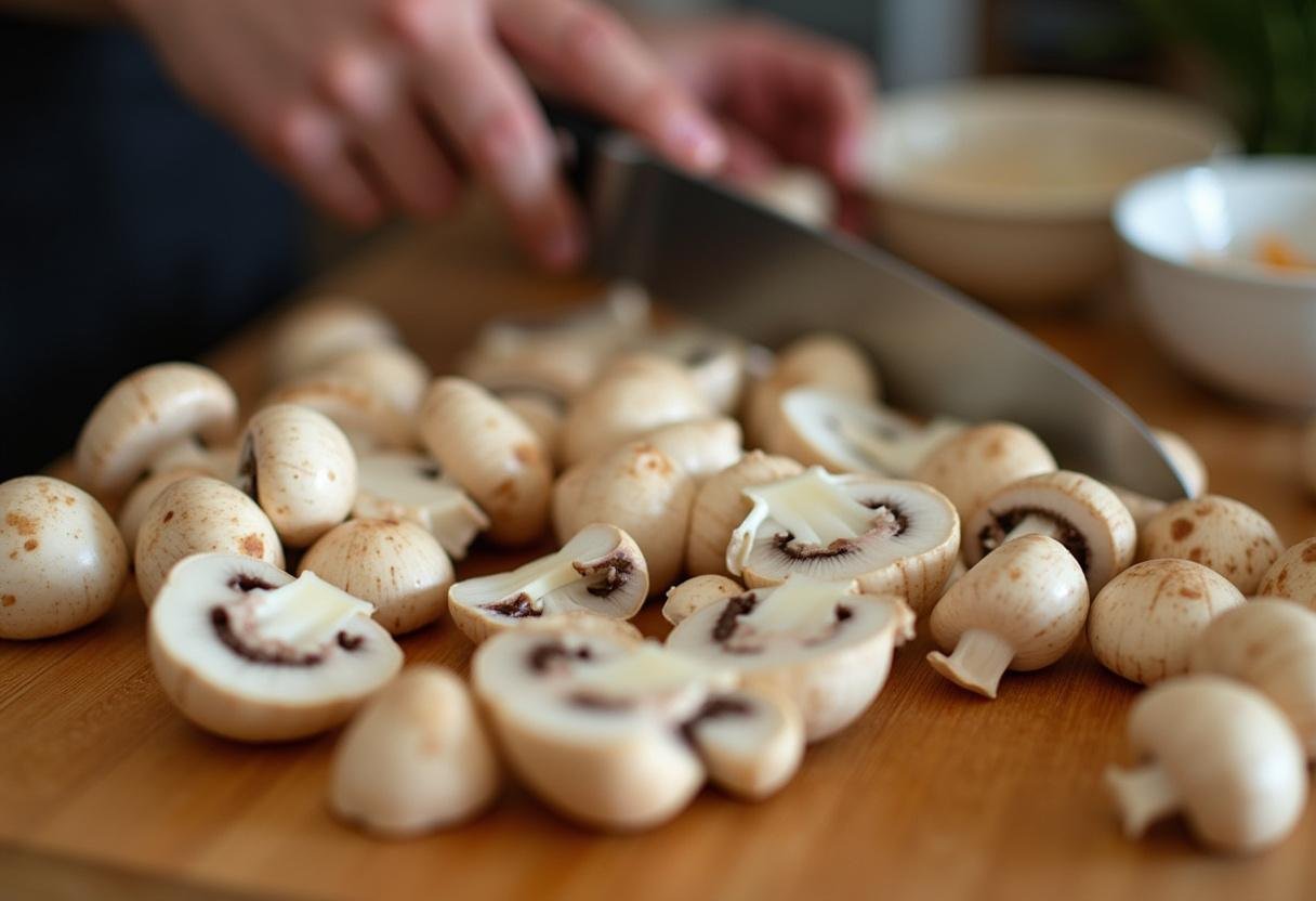 Frische Champignons werden auf einem Schneidebrett geschnitten für die Sahnige Champignonrahmsuppe der Träume.