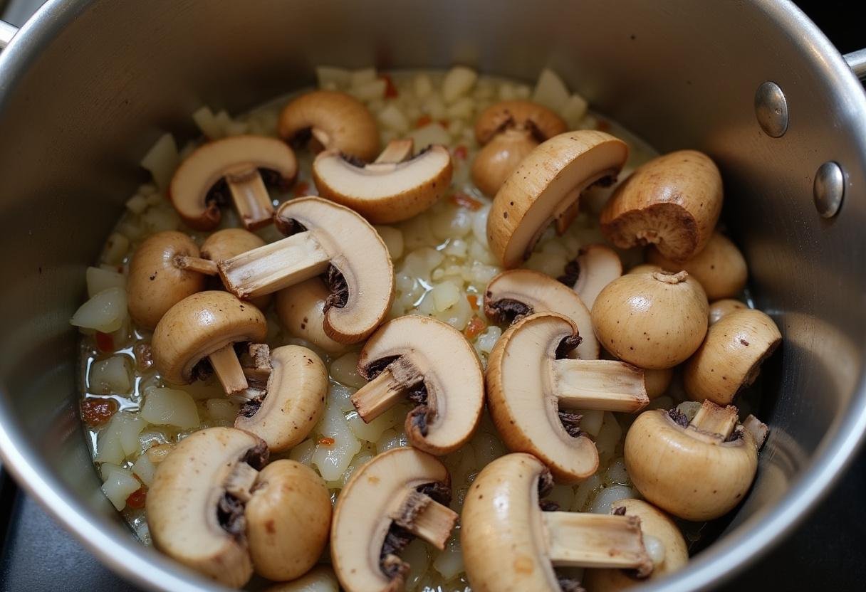 Angeschwitzte Champignons mit Zwiebeln und Knoblauch als Basis für die Sahnige Champignonrahmsuppe der Träume.