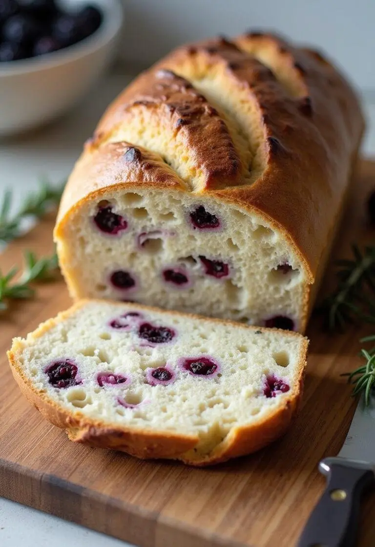 Frisch gebackenes Sauerteigbrot mit Brombeeren und Rosmarin, perfekt zum Servieren.