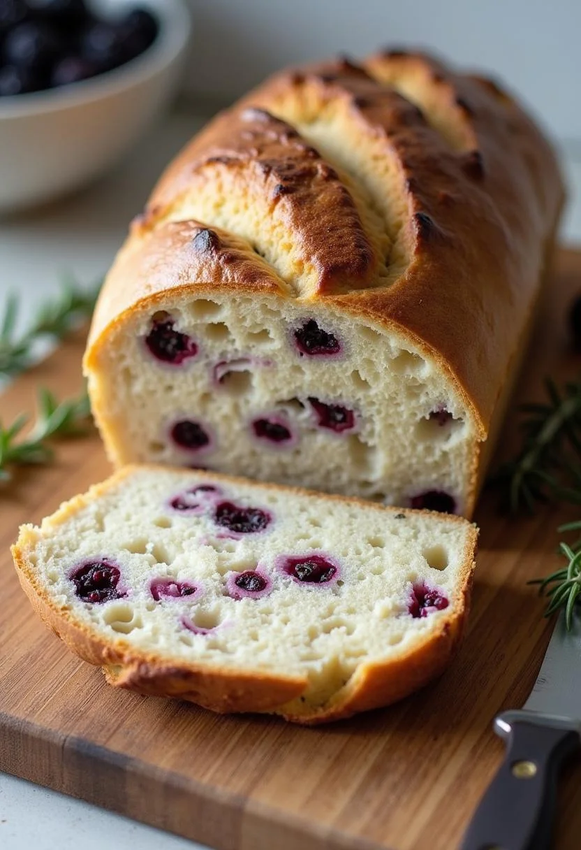 Frisch gebackenes Sauerteigbrot mit Brombeeren und Rosmarin, perfekt zum Servieren.