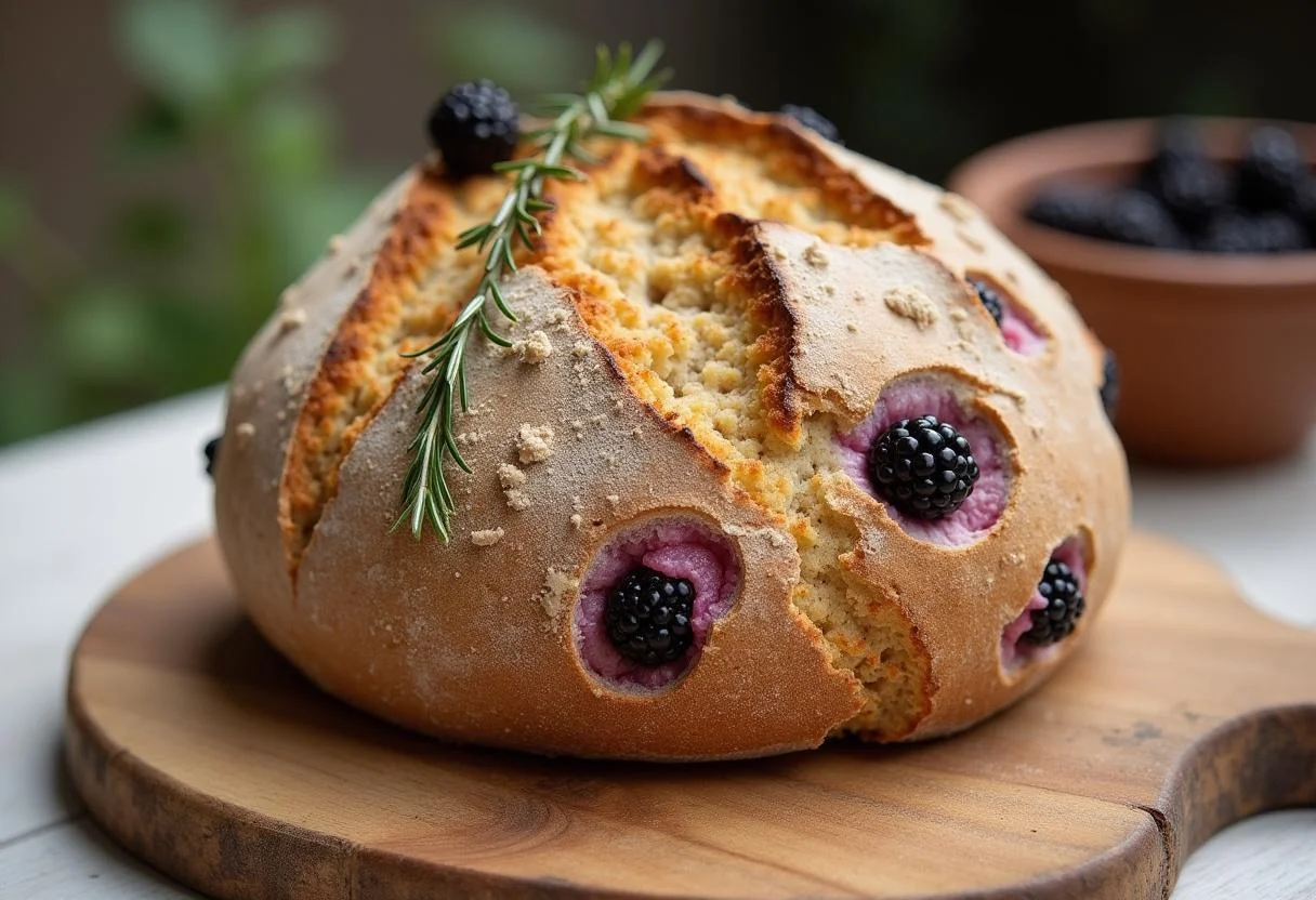 Frisch gebackenes Sauerteigbrot mit Brombeeren und Rosmarin, perfekt zum Servieren.
