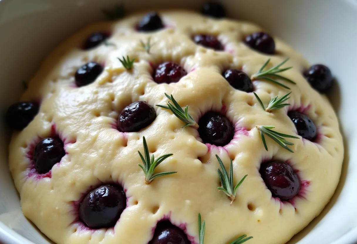 Sauerteigteig mit frischen Brombeeren und Rosmarin während der Gärung im Schüssel.