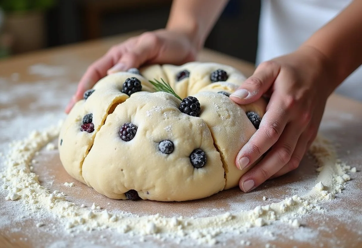 Formen des Sauerteigbrotes mit Brombeeren und Rosmarin auf einer bemehlten Arbeitsfläche.