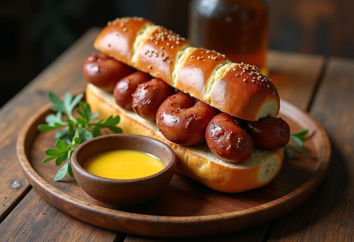 Finished Scharfe Bockwurst mit Senfexplosion in a pretzel roll, spicy and delicious.
