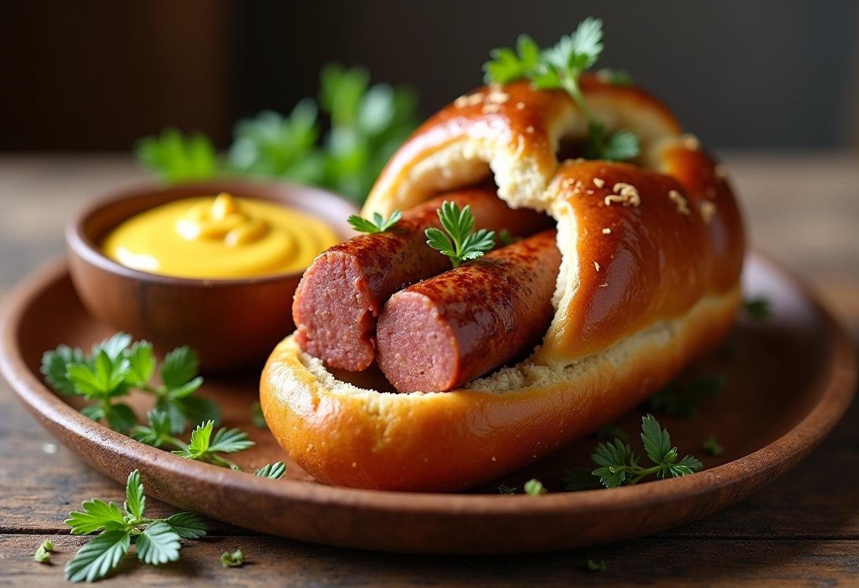 Fertige Scharfe Bockwurst mit Senfexplosion in einer Brezel, scharf und köstlich.
