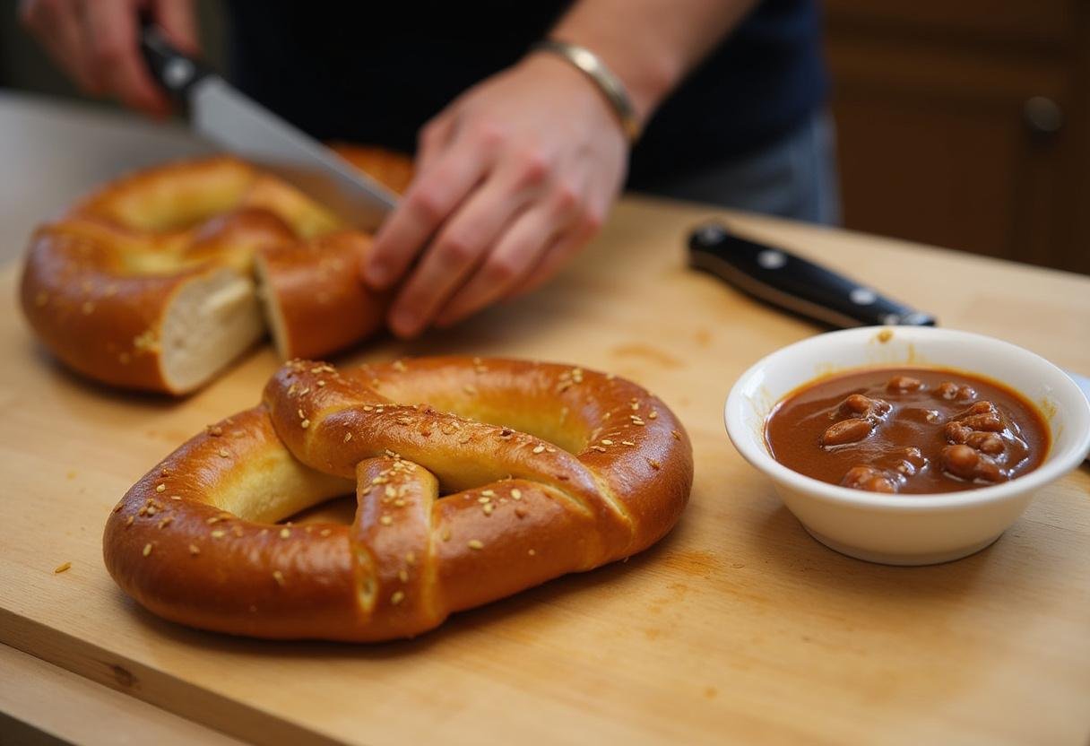 Brezel wird vorbereitet zum Servieren mit Scharfer Bockwurst mit Senfexplosion.