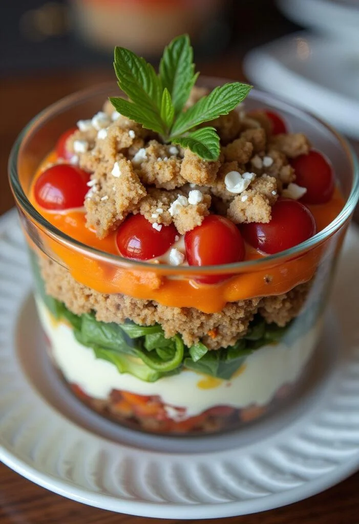 Finished Schicht-Gyros-Salat beautifully layered and ready to be enjoyed.