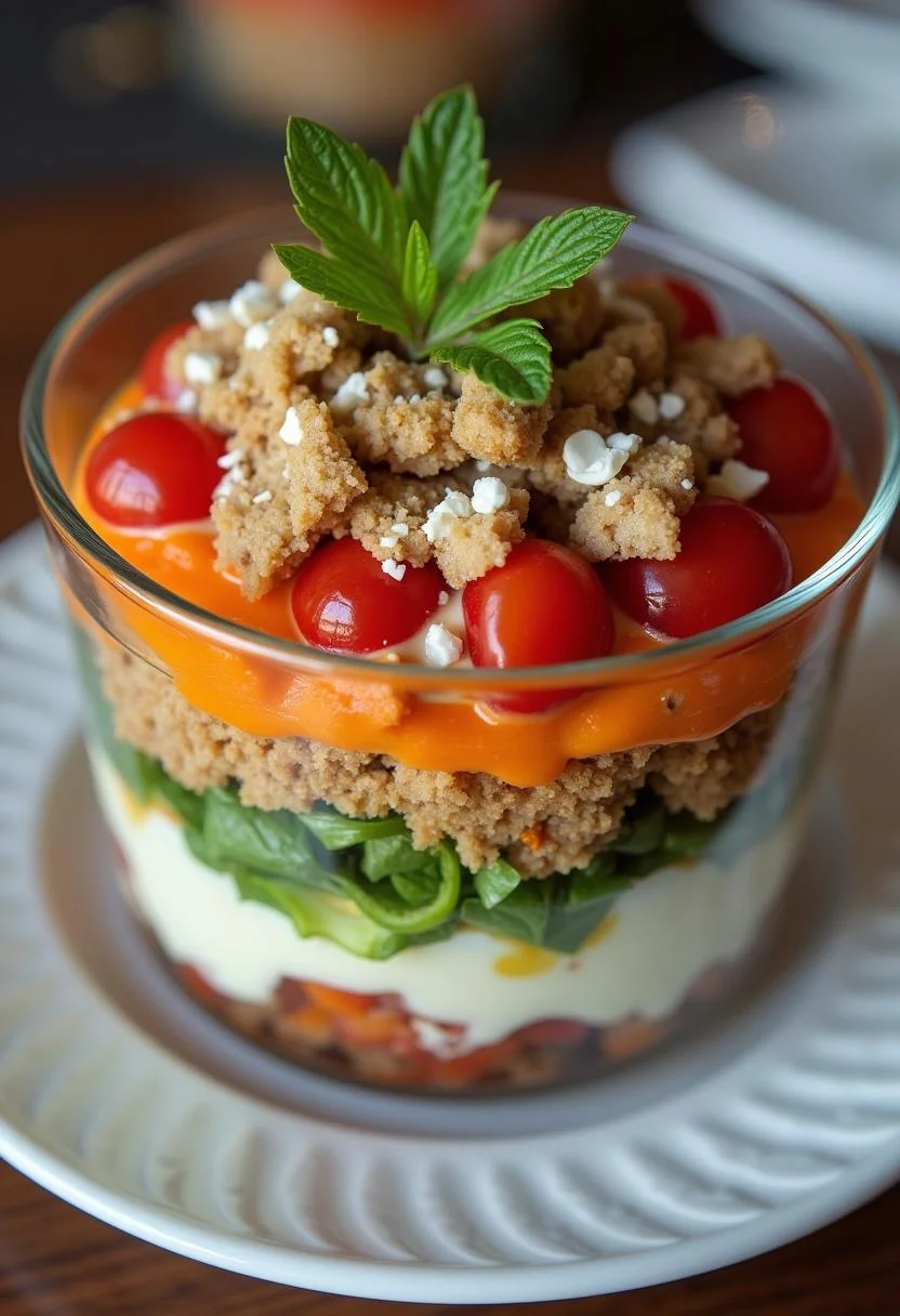 Finished Schicht-Gyros-Salat beautifully layered and ready to be enjoyed.