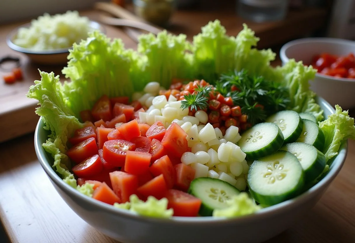 Frische Zutaten für Schicht-Gyros-Salat, einschließlich Salat, Tomaten und Gurken.