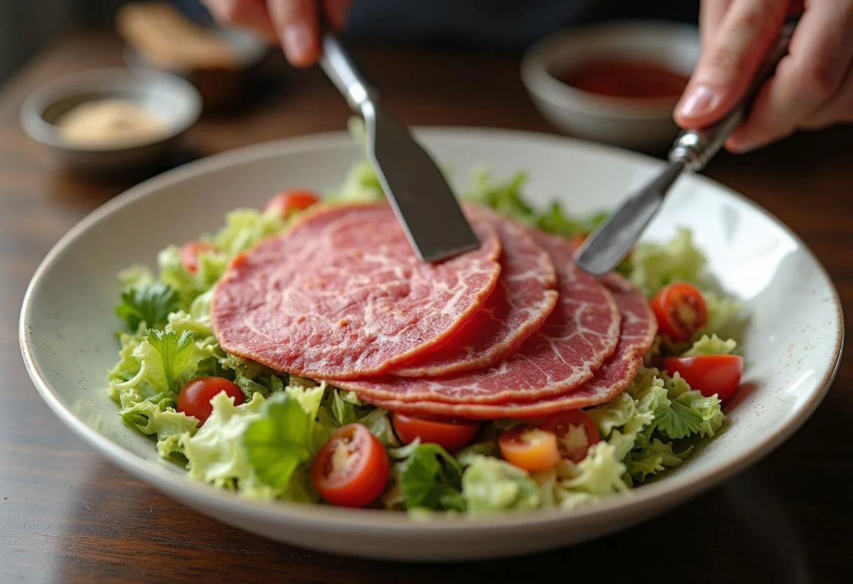 Dünn geschnittenes Gyrosfleisch, das dem Schicht-Gyros-Salat für Geschmack hinzugefügt wurde.