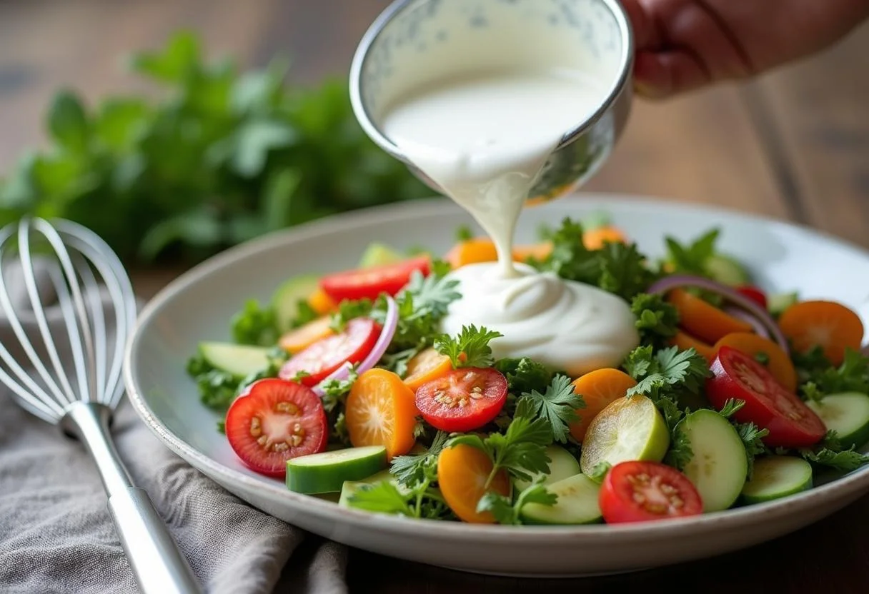 Joghurt-Dressing, das dem Schicht-Gyros-Salat hinzugefügt wird, um die Aromen zu verbessern.