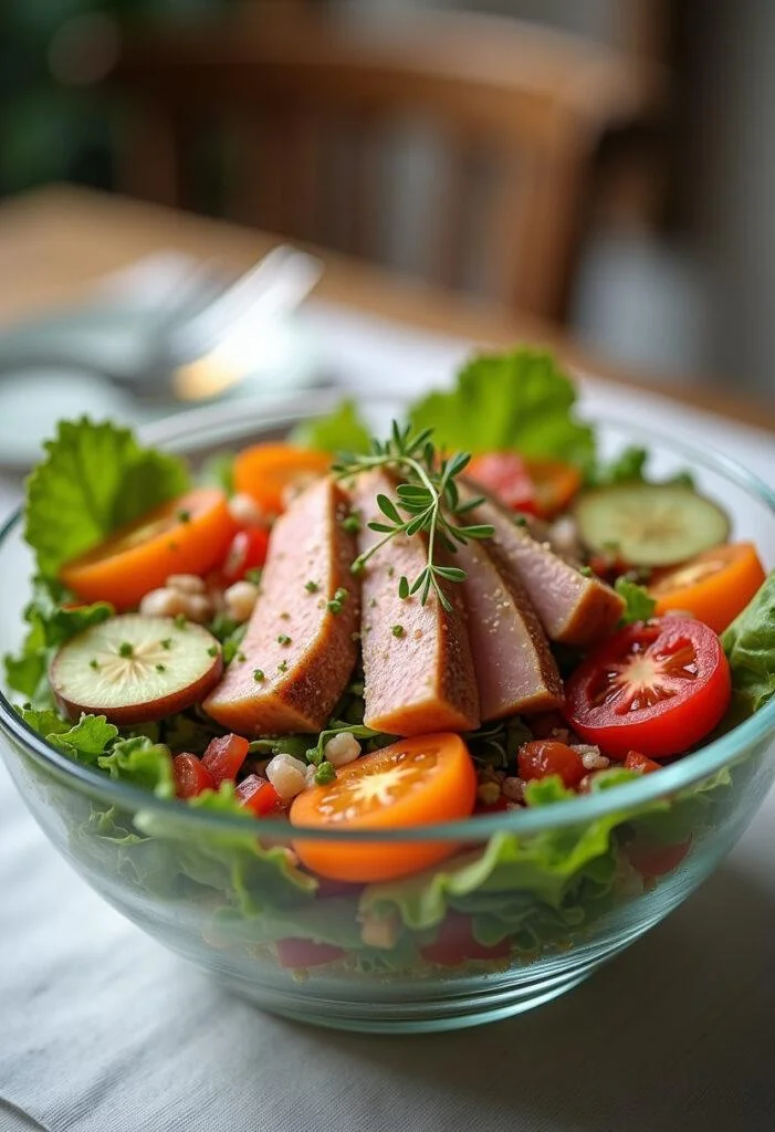Delicious Schichtsalat mit Thunfisch und Gemüse ready for serving at a meal.