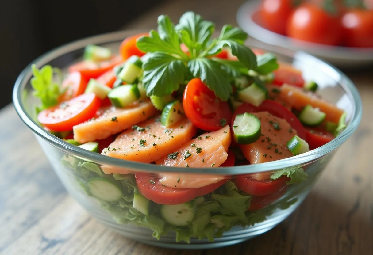 Delicious Schichtsalat mit Thunfisch und Gemüse ready for serving at a meal.