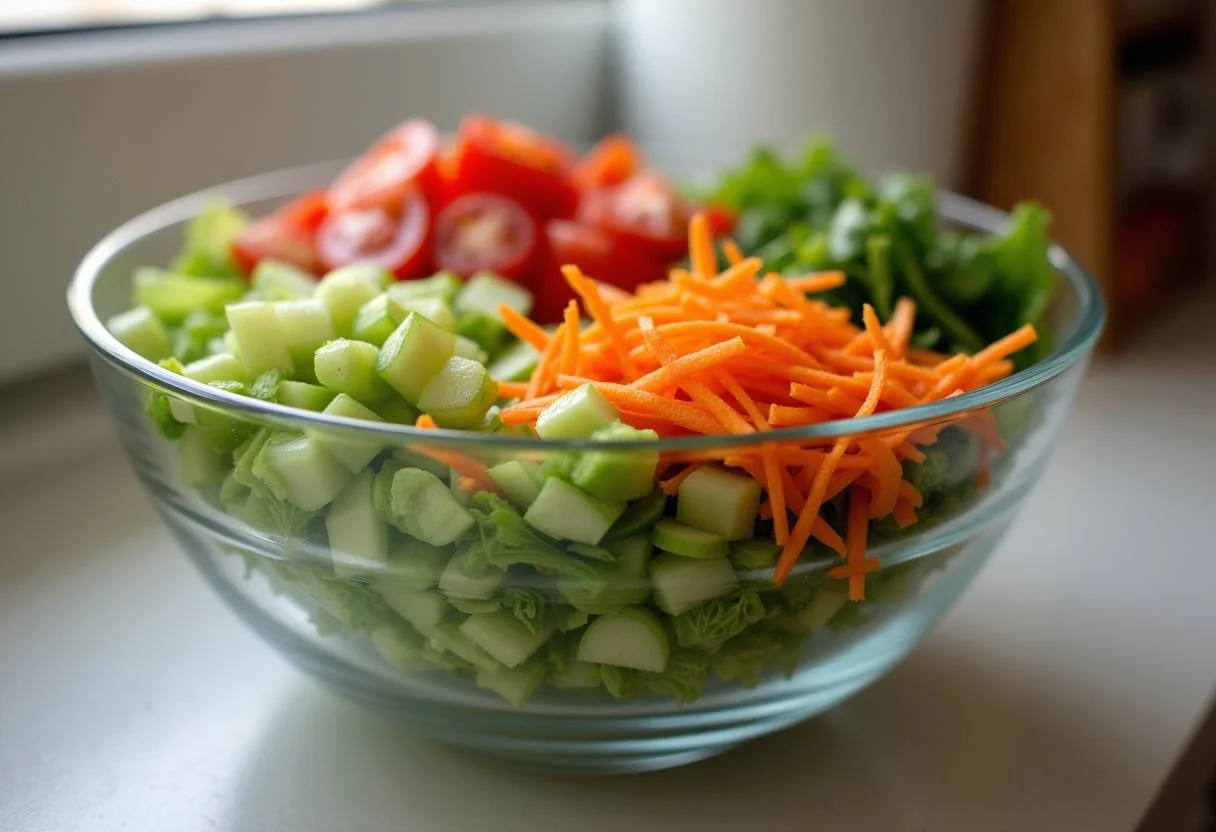 Bowl of fresh vegetables ready for Schichtsalat mit Thunfisch und Gemüse preparation.