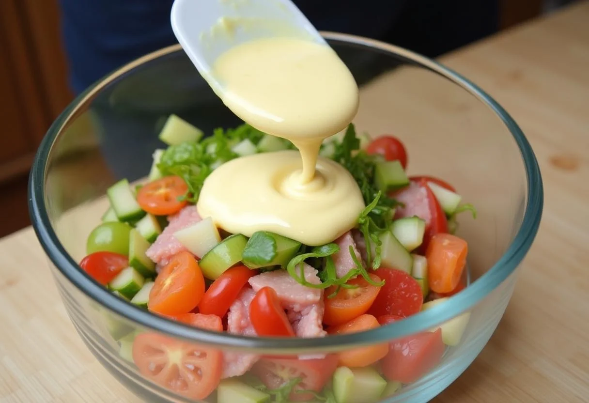 Mayonnaise being added to the Schichtsalat mit Thunfisch und Gemüse for creamy texture.