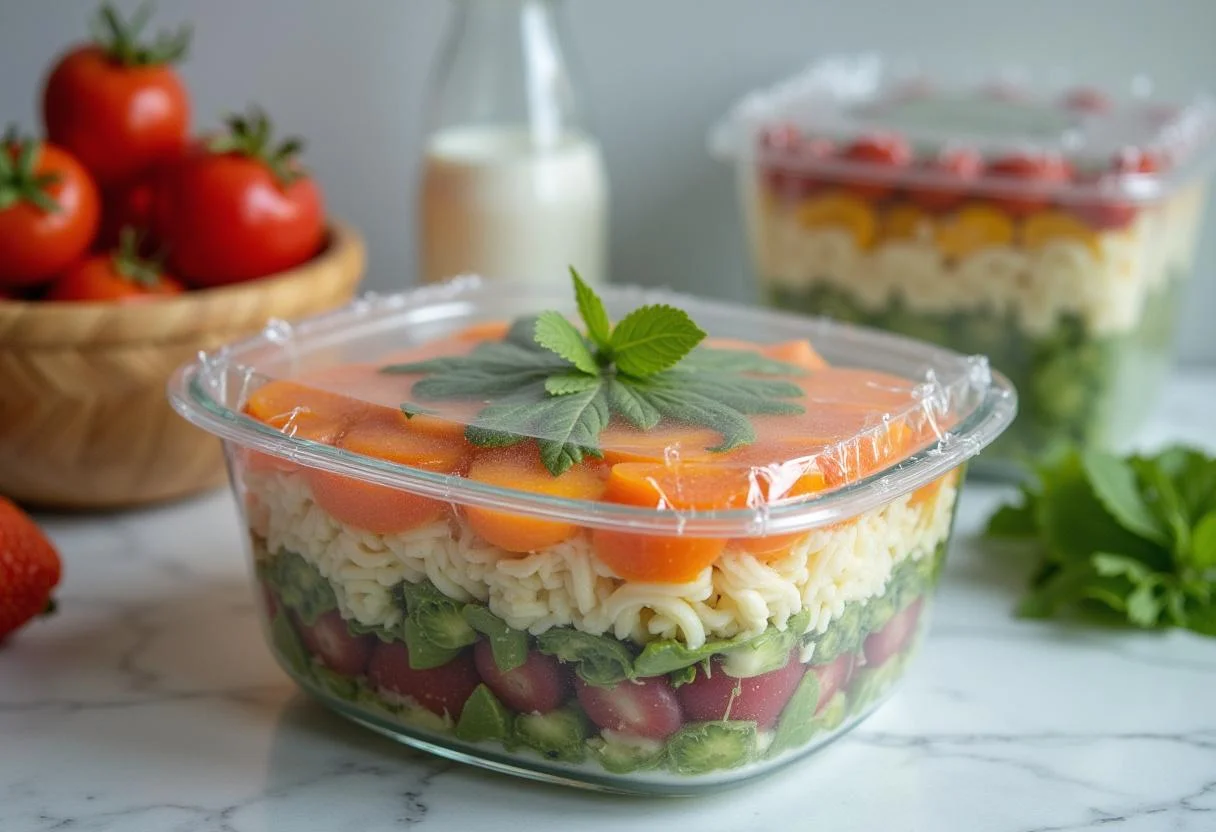 Layered Schichtsalat mit Thunfisch und Gemüse covered and ready to chill in the fridge.