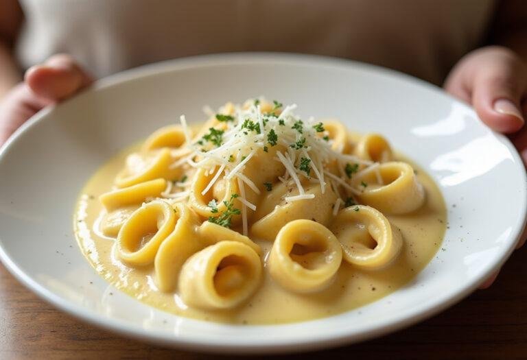 Finished tortellini with käse sahne soße, a delightful dish for pasta lovers.