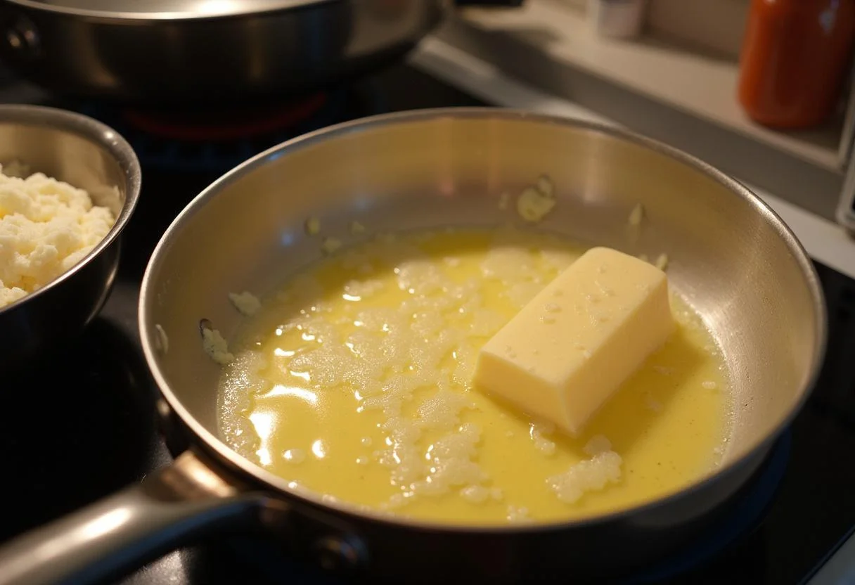 Butter schmilzt in einer Pfanne für die Zubereitung von käse sahne soße für Tortellini.