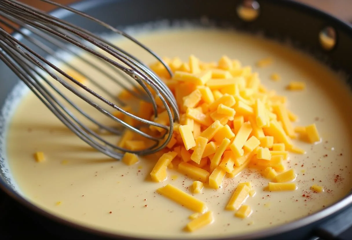 Sahne, Käse und Butter werden für eine köstliche käse sahne soße verrührt.